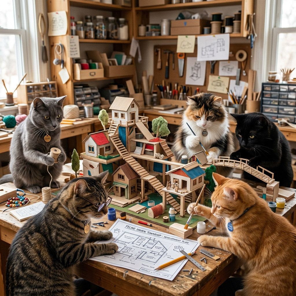 Five cats crafting and painting a detailed miniature village model on a wooden table in a workshop